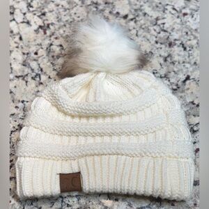 C.C Cream Ivory Ribbed Knit Beanie Hat with Faux Fur Pom